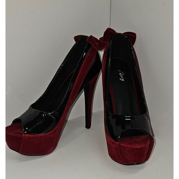 Show Story Womens Peep Toe Slip On Black Red High Platform Heels Size US 8 - Picture 4 of 7